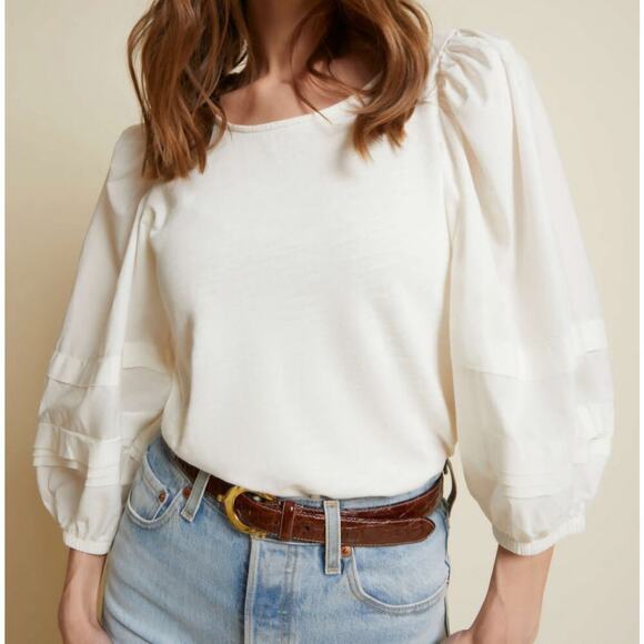 Nation LTD Gracie Pintuck 3/4 Balloon Sleeve Off White Top Med Boho Beach - Picture 3 of 10